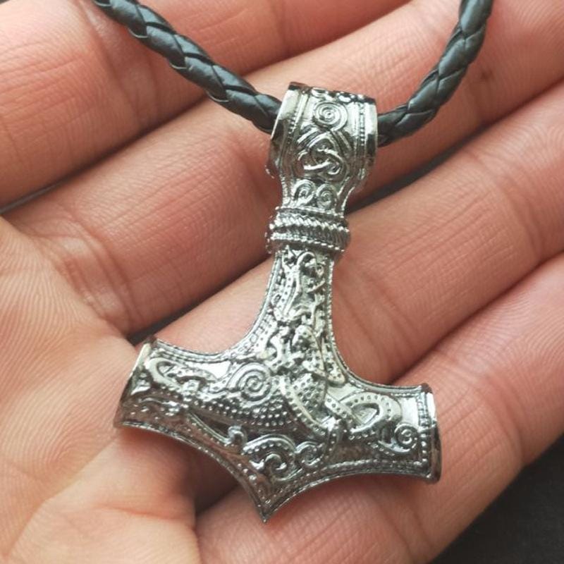 Mjolnir Pendant Viking Protective Talisman Hammer Necklace (Silver Pendant Leather Cord)