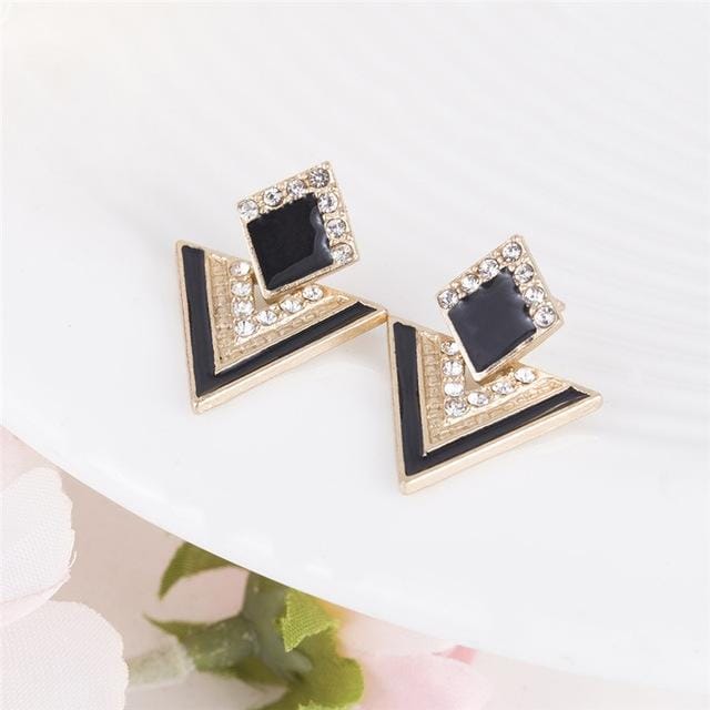 Fashion Rhinestone Geometric Drop Triangle Earrings (Black)