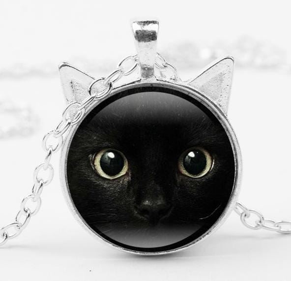 Painting Black Cat with Two Ears Jewelry Glass Cabochon Pendant Necklace (Silver)