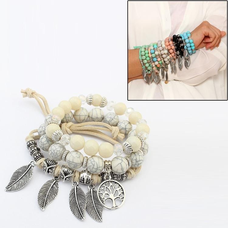 Vintage Ethnic Elasticity Marble Beads Bracelet Boho Leaves Bangle Bracelet (White)