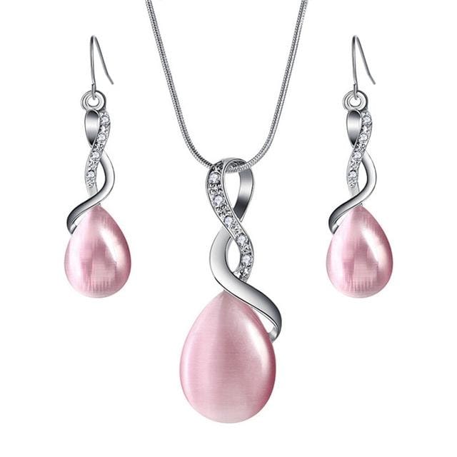 Women Fashion Opal Water Drop Necklace Pendant Earrings Bridal Wedding Jewelry Sets (Pink)