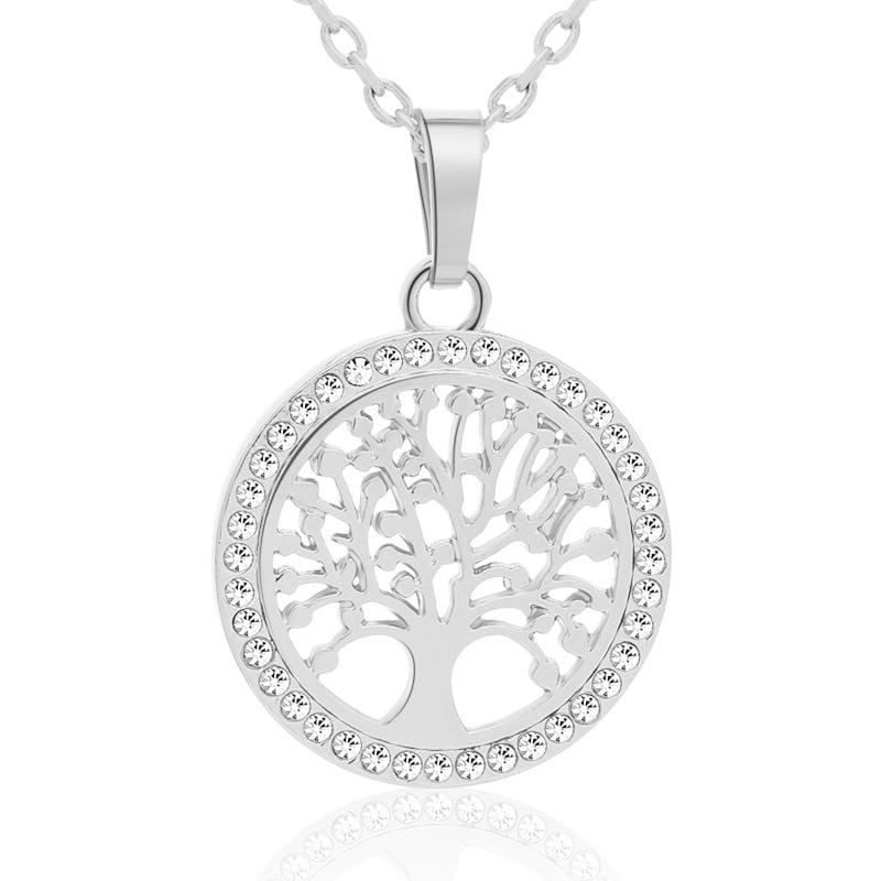 3 PCS  Tree of Life Crystal Round Small Pendant Necklace Elegant Women Jewelry Necklace (Silver)