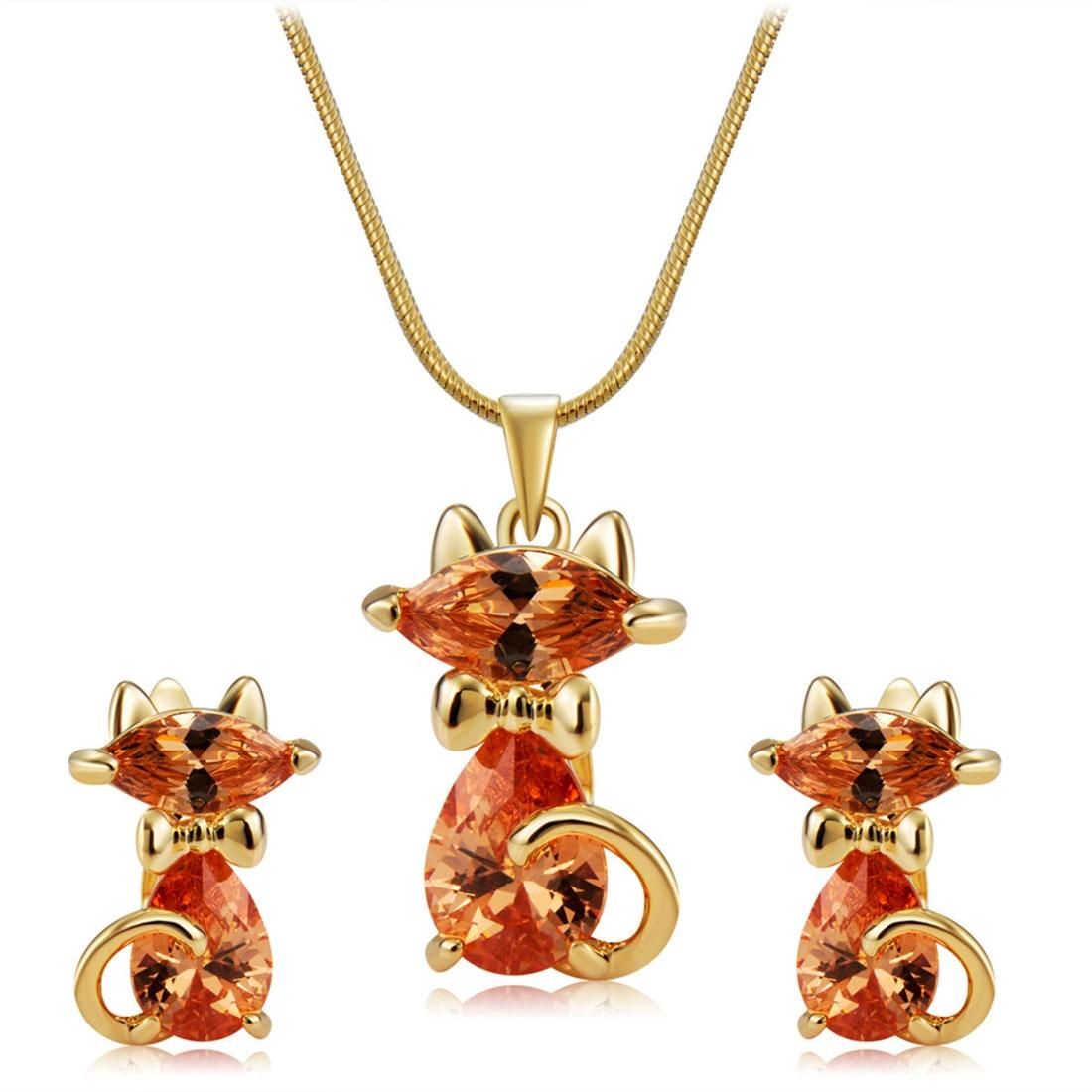 Lovely Cat Crystals Inlaid Pendant Necklace + Earrings Set for Female