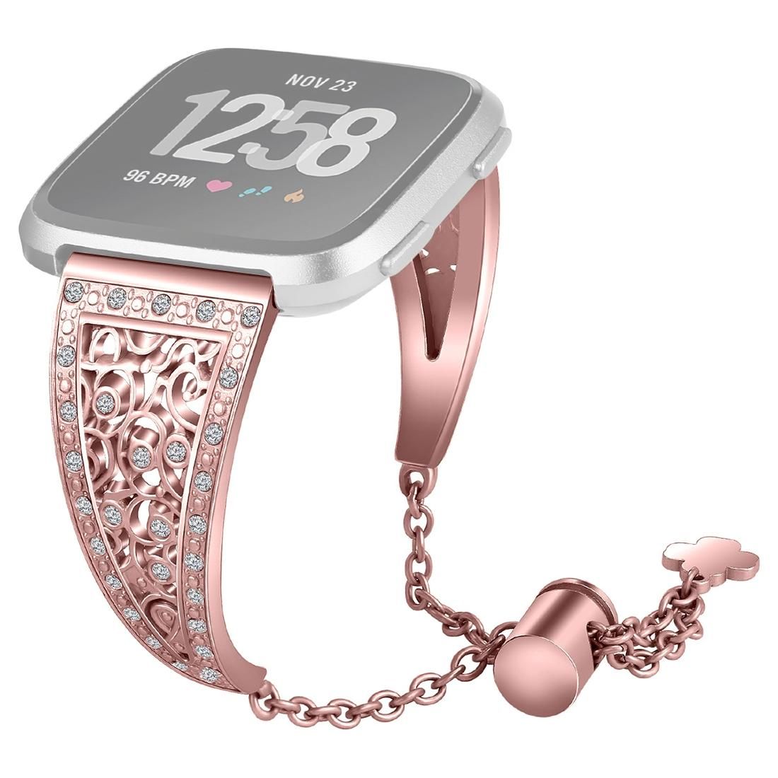 For Fitbit Versa Flower Shape Metal Diamond-studded Chain Wristband Watchband (Pink)