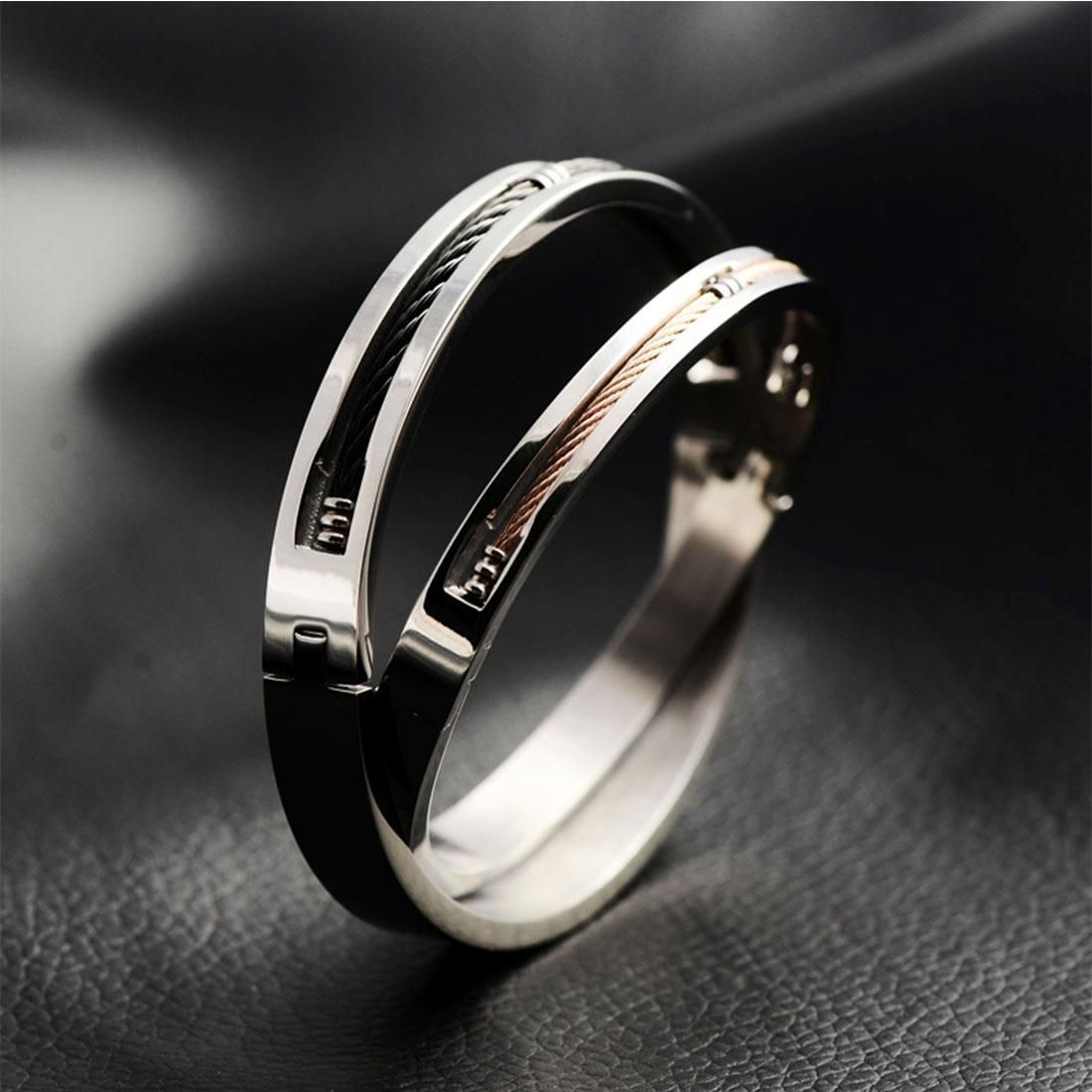 European and American Personality Men Jewelry Black Steel Wire Couple Bracelet Titanium Steel Bracelet, Size: 55*58mm (Black)