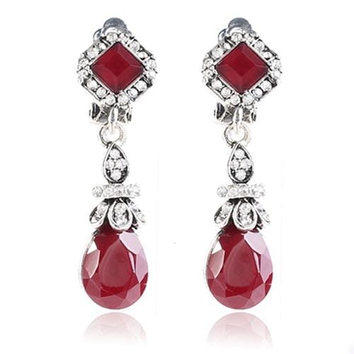 Elegant Resin Rhinestone Vintage Bohemia Style WaterDrop Clip Earrings Without Piercing Long for Women (Red)