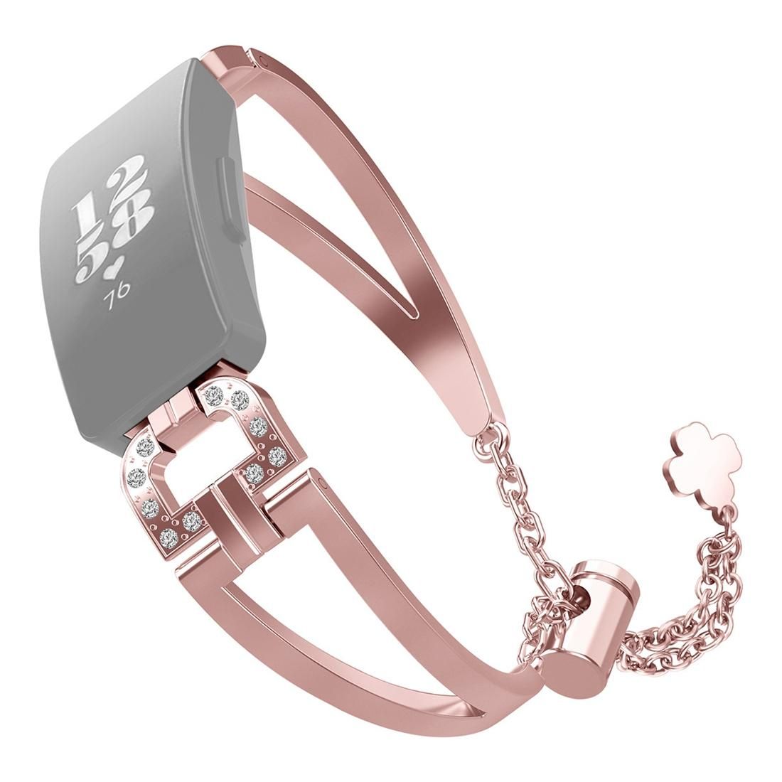 For FITBIT Inspire / HR Metal Diamond-studded Hollow D-chain Adjustable Watch Strap Watchband (Pink)