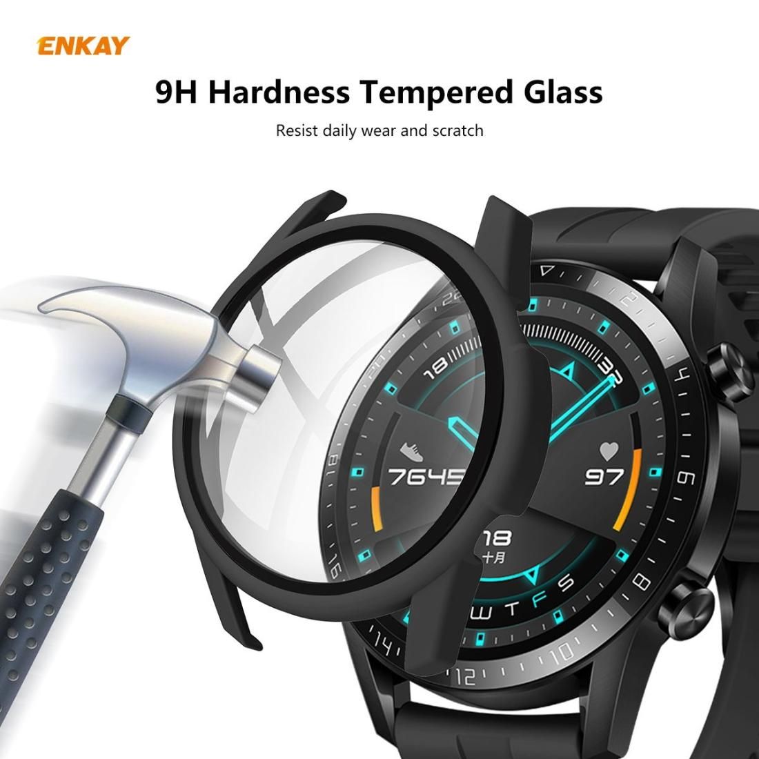 For Huawei Watch GT 2 42mm ENKAY Hat-Prince ENK-AC8201 Full Coverage PC Frosted Case + 9H Tempered Glass Protector (Pink)