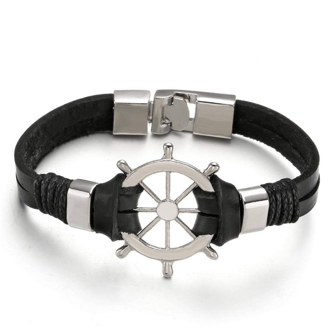 Fashion Men Jewelry Personality Punk Genuine Leather Bracelet Classic Anchor Cowhide Leather Bracelet (Black)