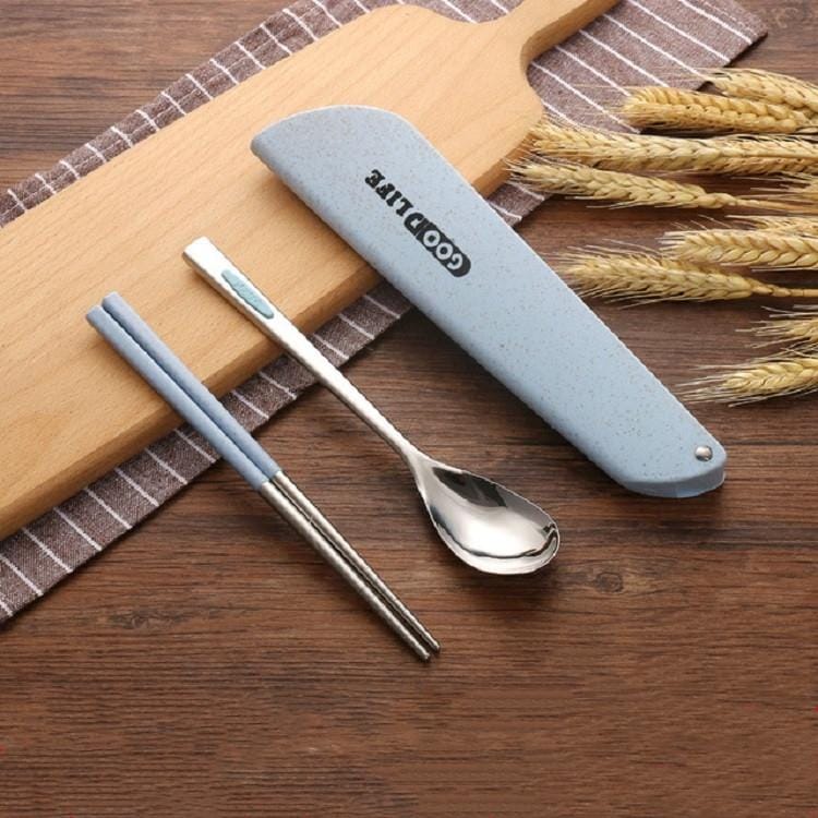 9 PCS / 3 Sets Stainless Steel Tableware Outdoor Portable Chopsticks Spoon Set (Blue)