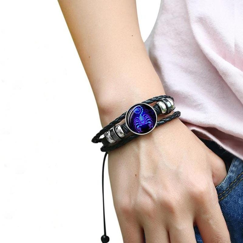 12 Constellation Black Braided Leather Glass Dome Punk Men Bracelet (Scorpio)