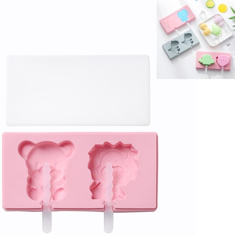 3 PCS Homemade Handmade DIY Cartoon Fruit with Lid Silicone Ice Cream Mold Making Ice Tray, Style:Lion Bear (Pink)
