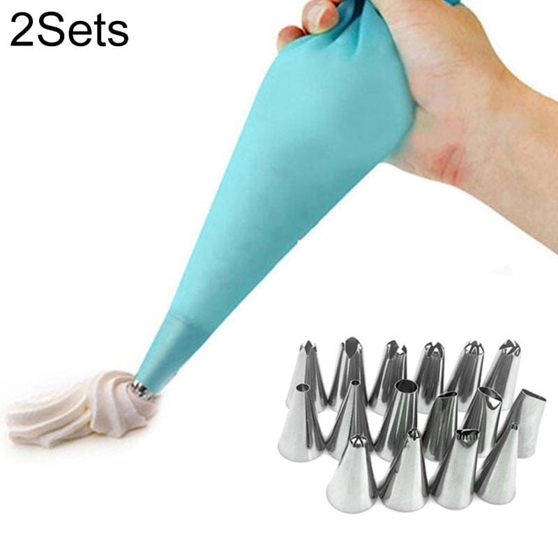 2 Sets Reusable Silicone Pastry Bag Cake Decorating Tools with 16 Nozzles Tips (Blue)