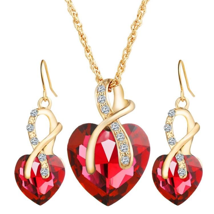 3 PCS / Set Women Heart Shaped Crystal Zircon Earring Necklace Jewelry Set (Red)