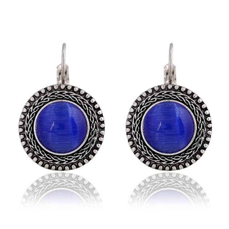 Boho Big Drop Earrings For Women Jewelry Carved Vintage Tibetan Silver Bohemian Long Earrings (Blue)