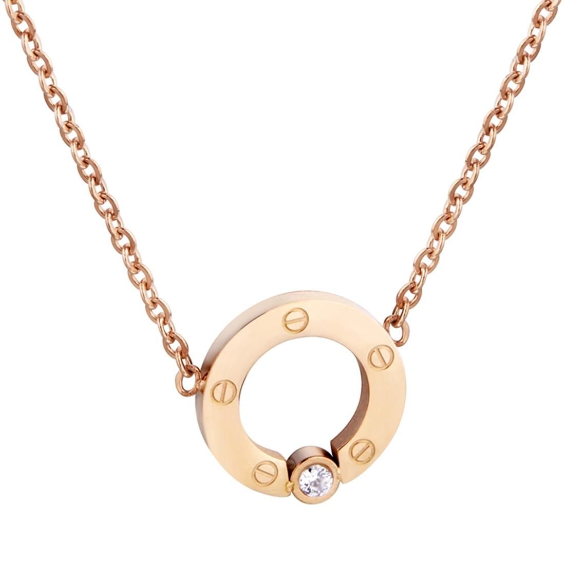 Women Fashion Jewelry Crystal Inlaid Circle Pendant Titanium Steel Chain Necklace, Chain Length: 45cm (Rose Gold)