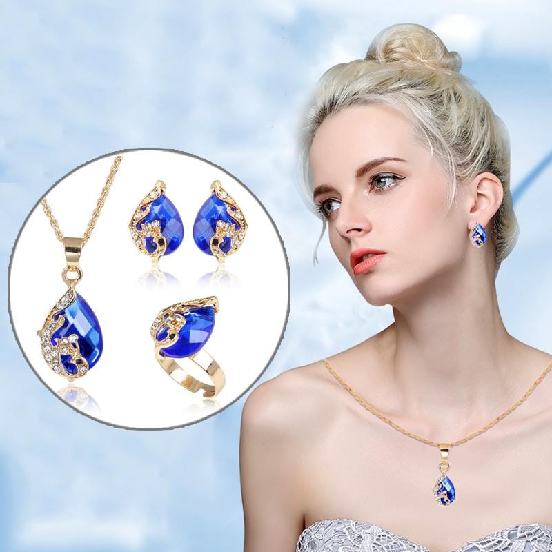 3 in 1 Women Beautiful Peacock Crystal-like Necklace Ring Earrings Jewelry Set (Blue)