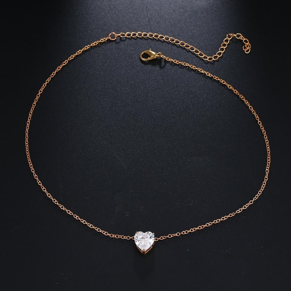 Crystal Heart Pendant Necklace Female Short Chain Necklace (Gold)