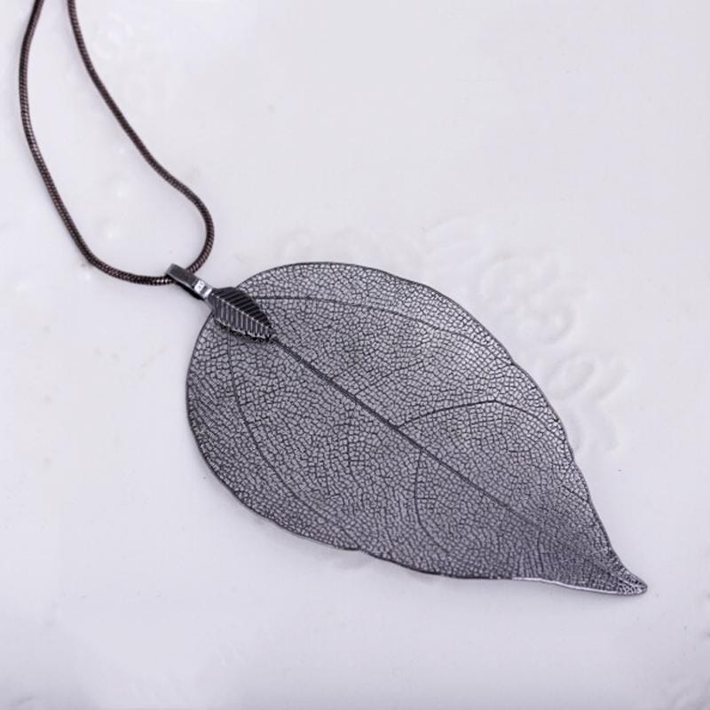 Natural Leaf Pendant Delicate Necklace Filigree Long Bohemian Unique Women Jewelry (Gold)
