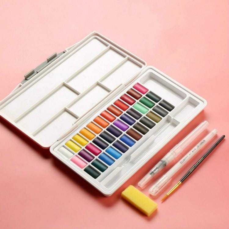 Macaron Watercolor Paint Solid Set Boxed Portable Art Supplies (Pink)