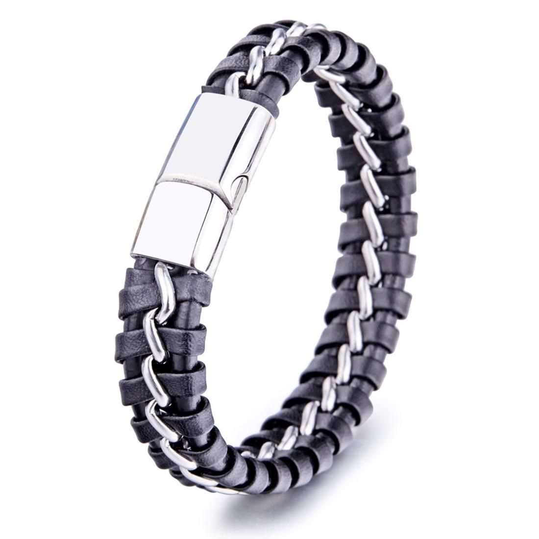 Mens Fashion Jewelry Punk Wristband Braided Leather Bracelet, Size: 21.5cm (Silver)