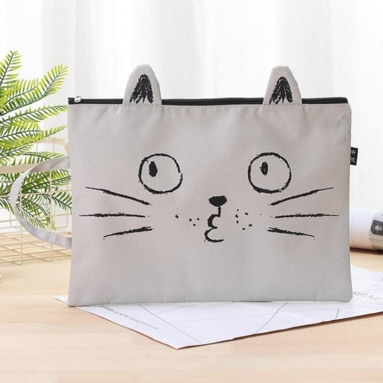 Cat Pattern Zipper Canvas File Bag Student Paper Storage Bag Tote Bag (Gray)