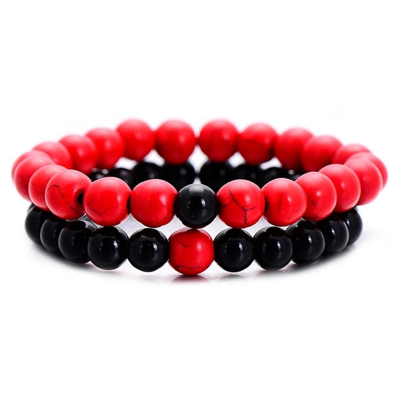 2PCS/Set Couples Distance Bracelet Classic Natural Stone Beaded Bracelets (Red Black)