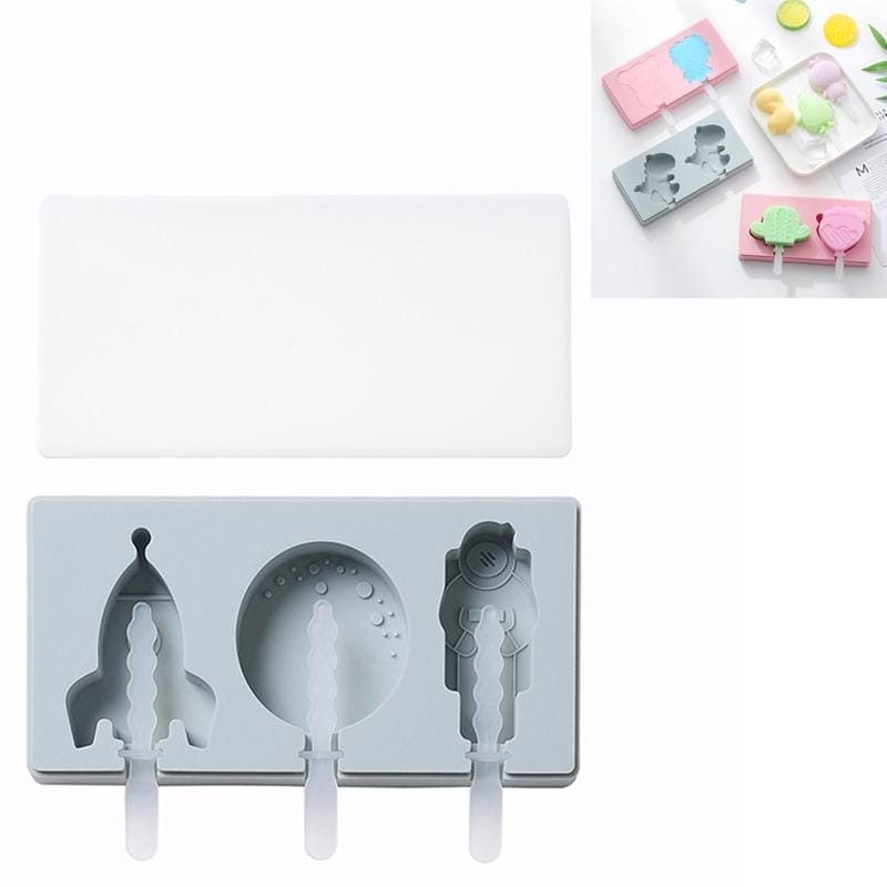 3 PCS Homemade Handmade DIY Cartoon Fruit with Lid Silicone Ice Cream Mold Making Ice Tray, Style:Moon Landing Plan (Blue)