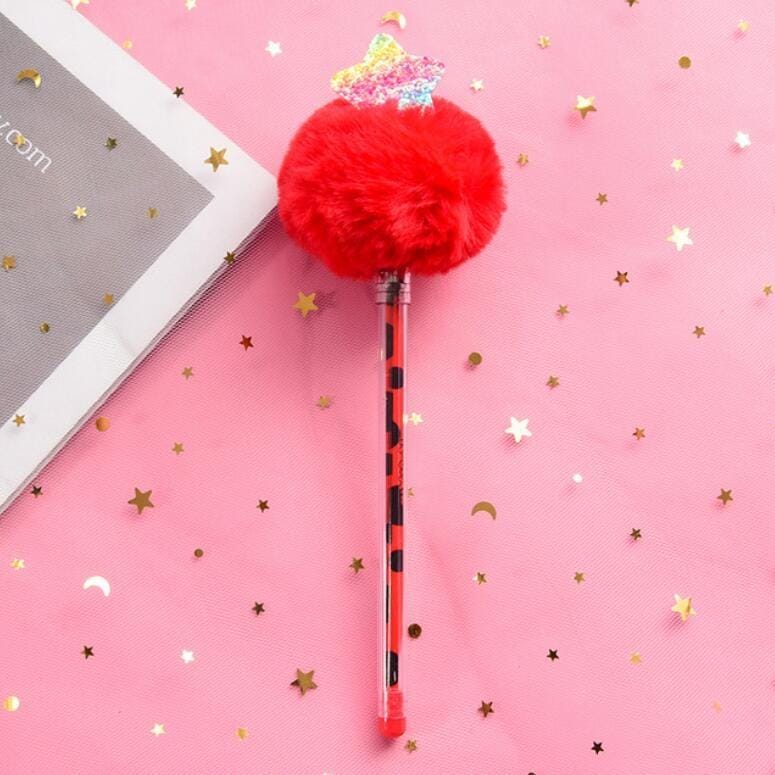 Creative Fur Ball Pendant Stationery Cute Plush Colored Pen Student Gel Pen (Pentagram Red Fur Ball)