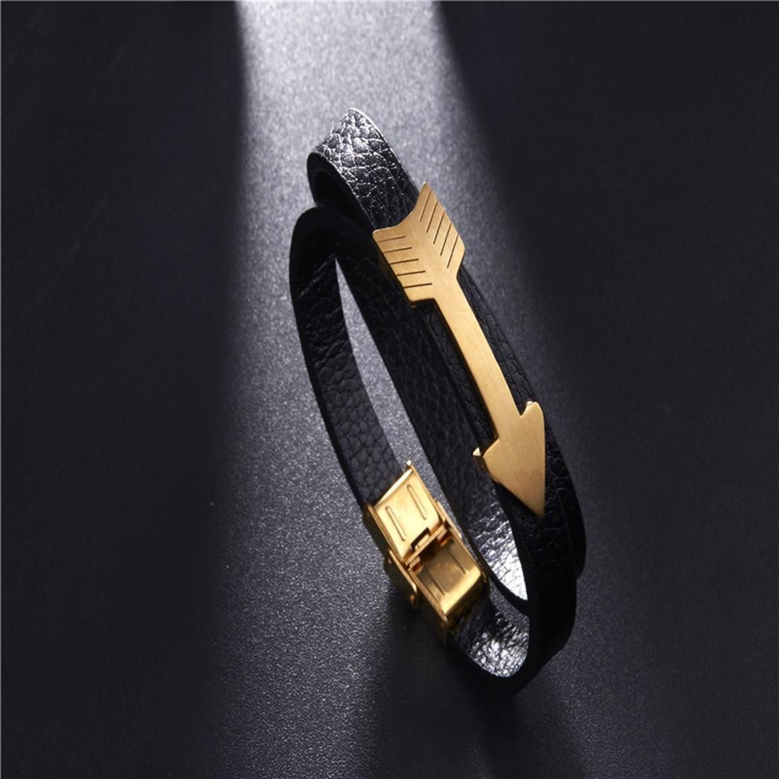 Mens Fashion Jewelry Punk Dual Row Snake Pattern Arrow Decor Wristband Leather Bracelet, Size: 40cm (Gold)