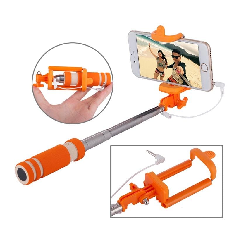 Mini Wire Controlled Selfie Stick Monopod Folding Extendable Pocket Handheld Holder for iOS & Android Phone, Folded Length: 18.5cm, Max Extension Length: 60.3cm (Orange)