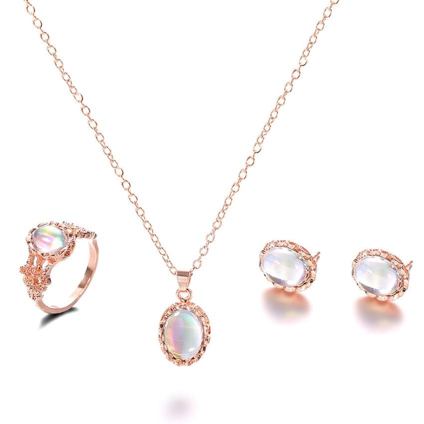 Women Opal Necklace Earrings Ring Crystal Jewelry Set