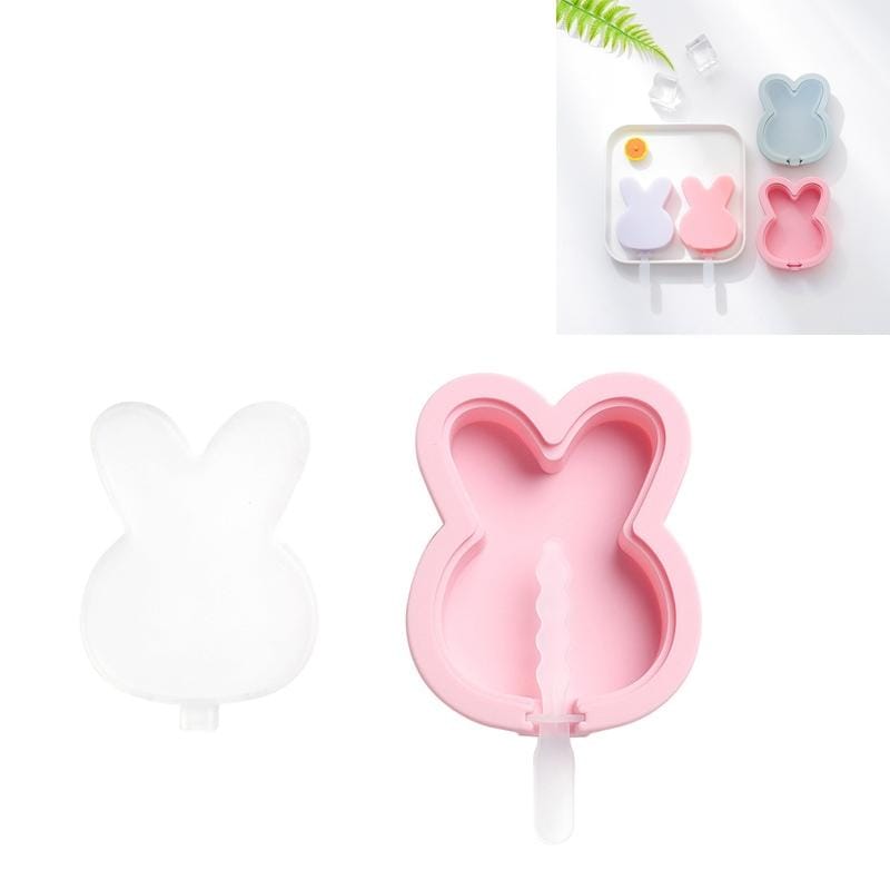 4 PCS DIY Cute Cartoon Animal Silicone Ice Cream Mold with Lid Homemade Handmade Popsicle Mold Making Ice Tray, Style:Bunny (Pink)