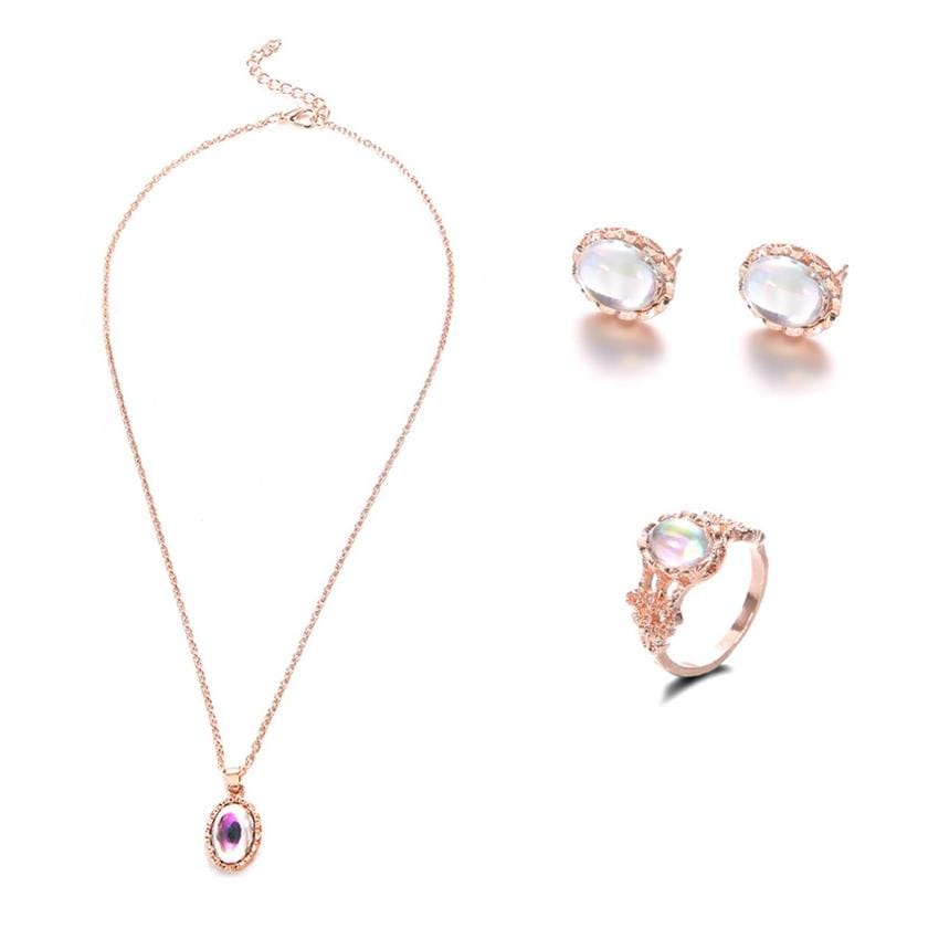 Women Opal Necklace Earrings Ring Crystal Jewelry Set