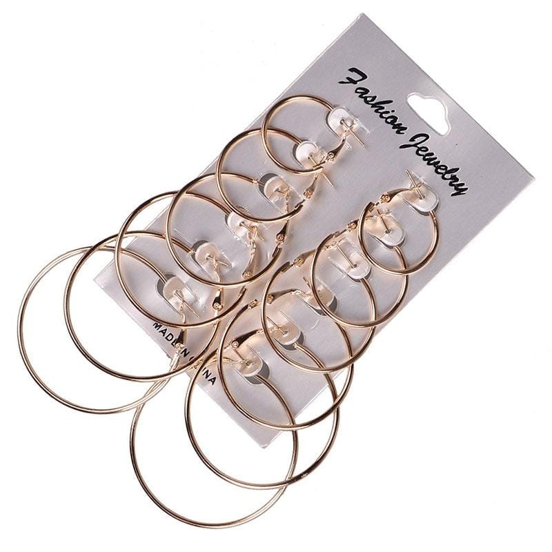 6 Pairs/Set Women Steampunk Fashion Circle Hoop Earrings (Glod)