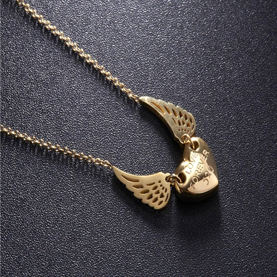 Women Fashion Jewelry Titanium Steel Angel Wing Heart Letter Print Pendant Chain Necklace, Chain Length: 45cm (Rose Gold)