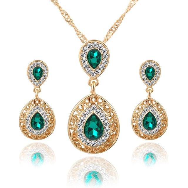 Women Crystal Water Drop Pendant Necklaces Earrings Sets (Green)