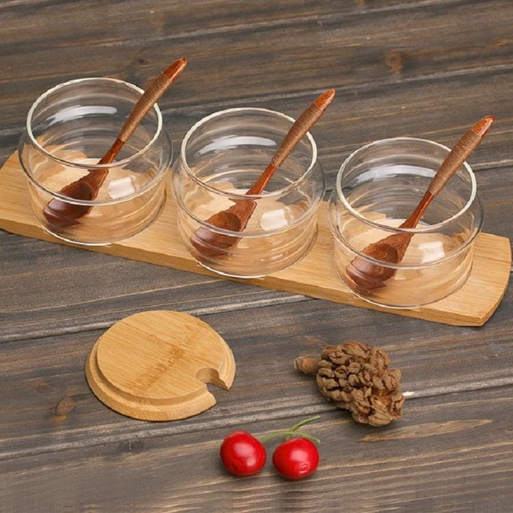 3 in 1 Original Wood Bamboo Cover Glass Seasoning Jar Seasoning Box Set Creative Seasoning Bottle
