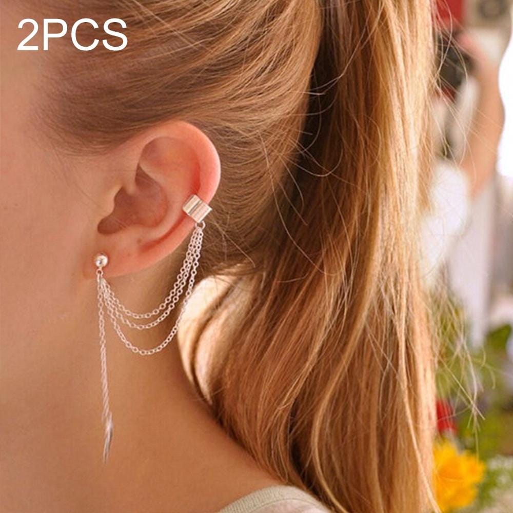 2 PCS Women  Leaf Chain Tassel Earrings, Metallic Gold And Silver Jewelry Earrings Ear Clip (Silver)