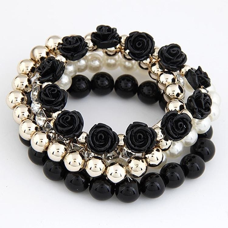 Bohemian Fashion Candy Color Pearl Rose Flower Multilayer Beads Stretch Charm Bracelet (black)