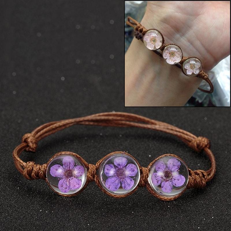 Lucky Handmade Woven Dried Flower Glass Beads Bracelets (Purple)