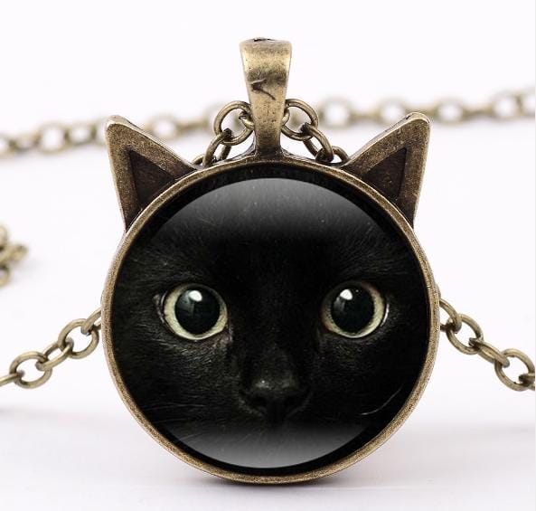 Painting Black Cat with Two Ears Jewelry Glass Cabochon Pendant Necklace (Bronze)