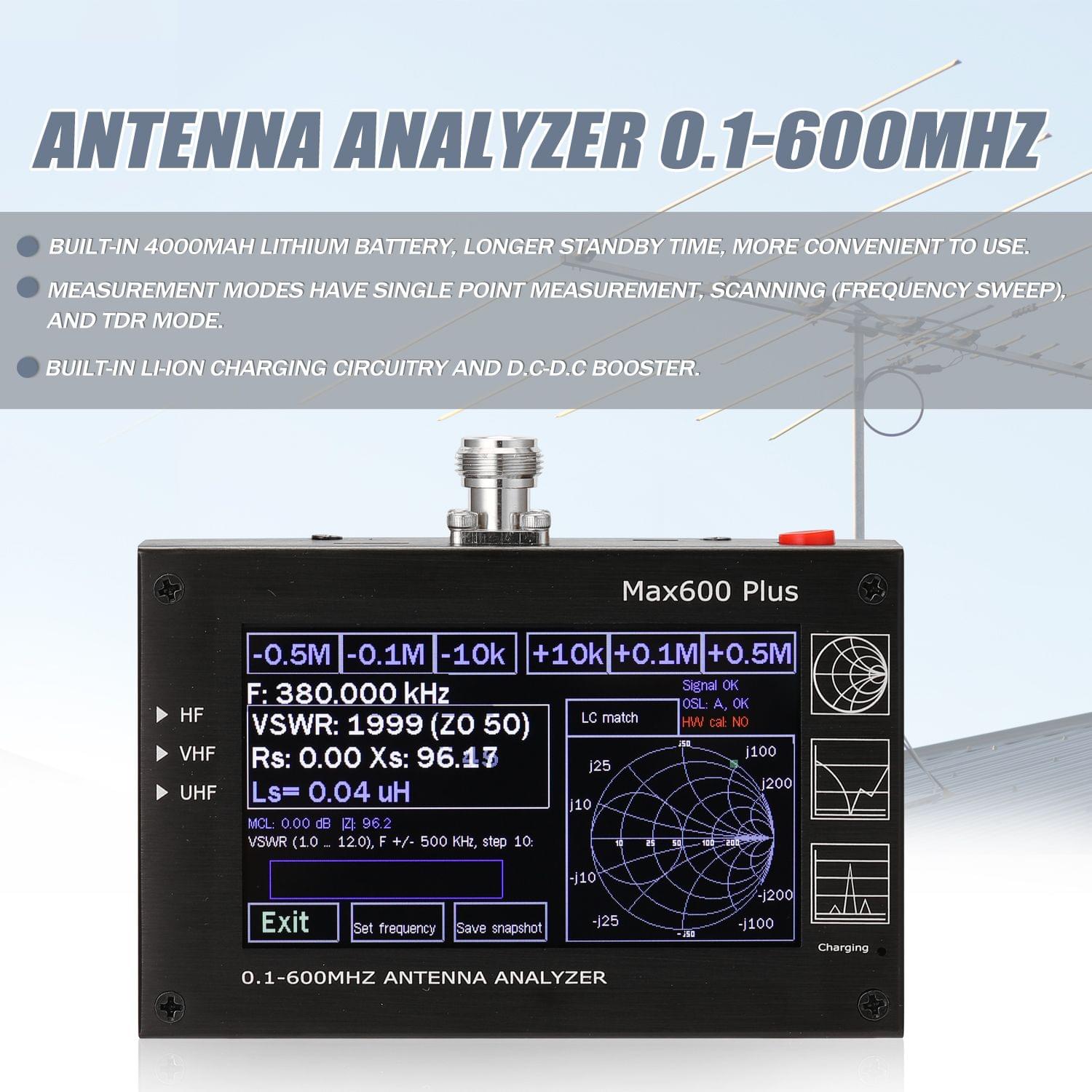 Max600 Plus HF VHF UHF Antenna Analyzer 0.1-600MHz with 4.3