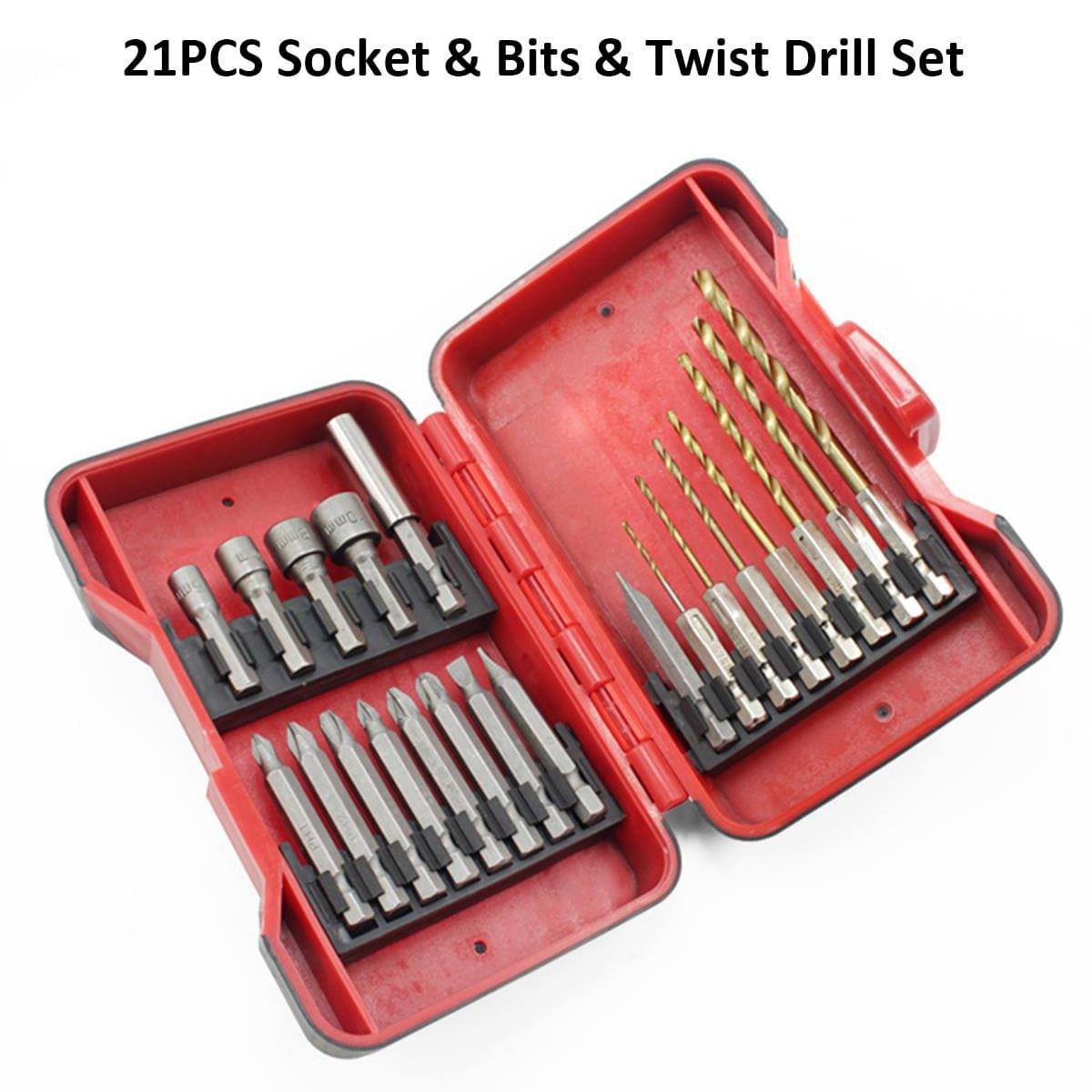 21pcs Socket & Bits & Twist Drill Set with Storage Case 5pcs