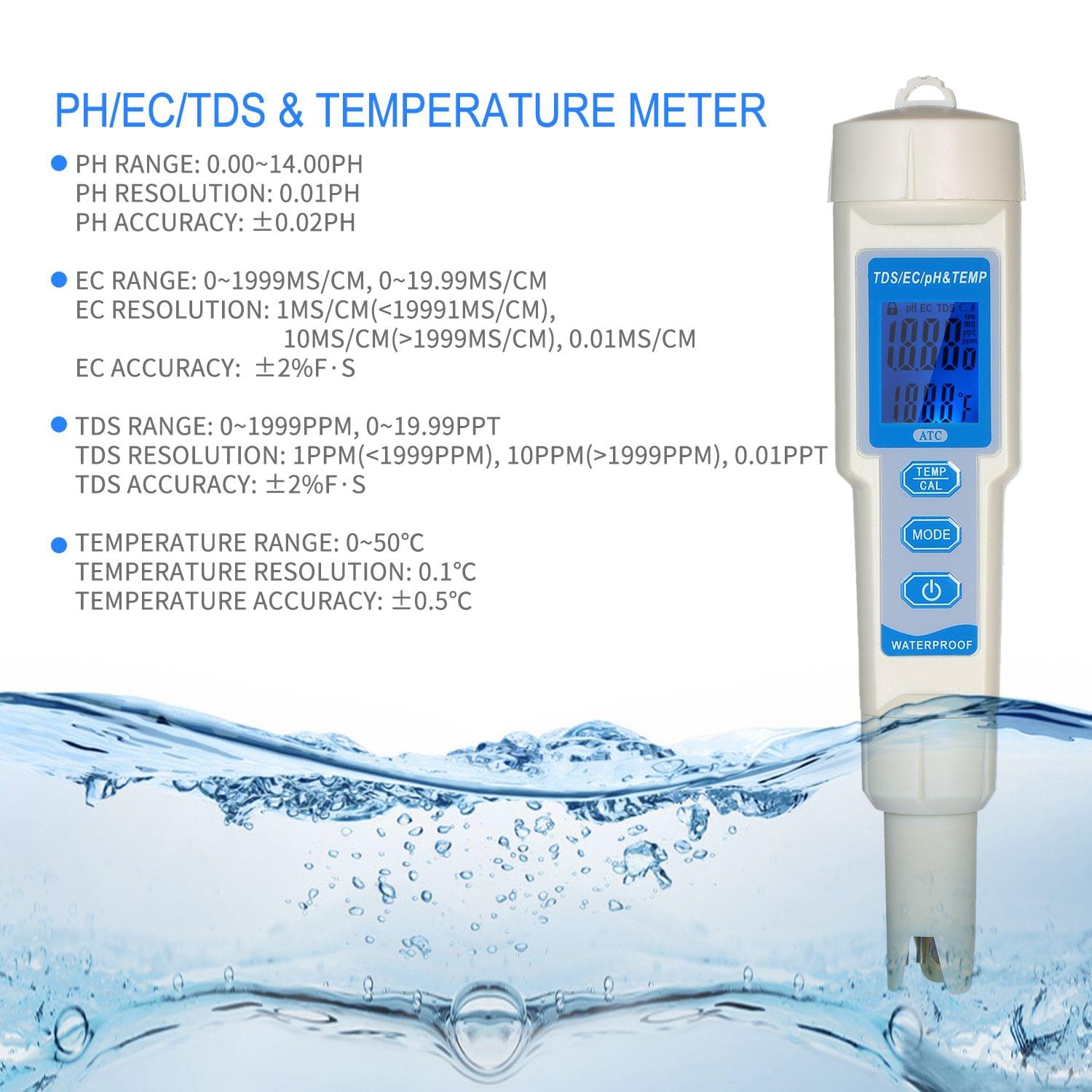 4-in-1 Water Quality Tester Pen Waterproof Water Quality