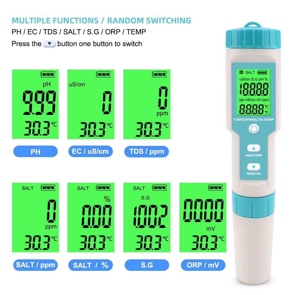 7 in 1 PH/TDS/EC/ORP/S.G/Salinity/Temperature - with backlight