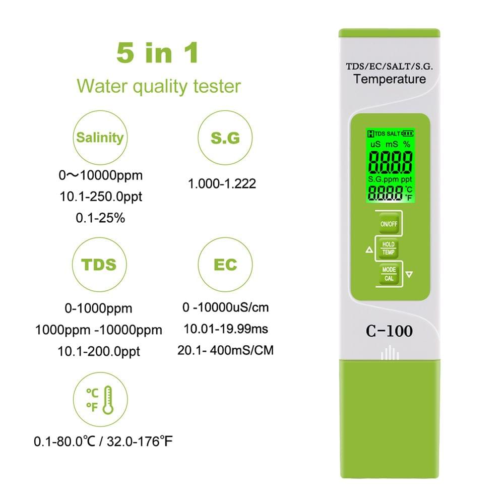 5 in 1 TDS/EC/SALT/S.G./Temperature Meter Digital Water - with Backlight