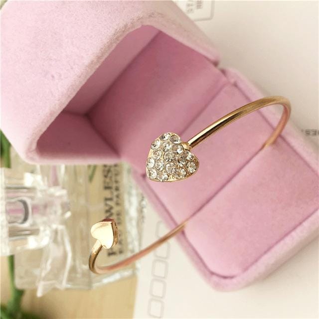 2019 Hot New Fashion Adjustable Crystal Double Heart Bow Bilezik Cuff Opening Bracelet For Women Jewelry Gift Mujer Pulseras 7g (Gold)