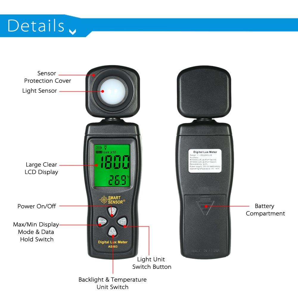 Smart Sensor Mini Digital Lux Meter LCD Display Handheld