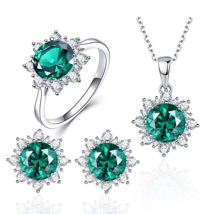 3 PCS/Set Snow Shape Gemstone Jewelry Set For Women, Ring Size:7 (Green)